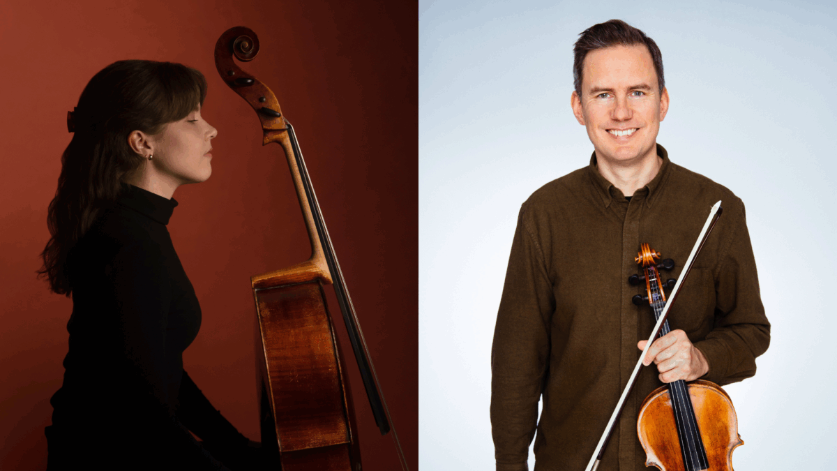 nainen sellon kanssa ja mies viulu kädessään