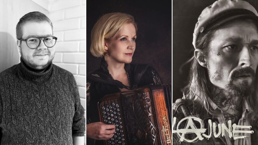 kolme henkilöä, joista yhdellä harmonikka edessä